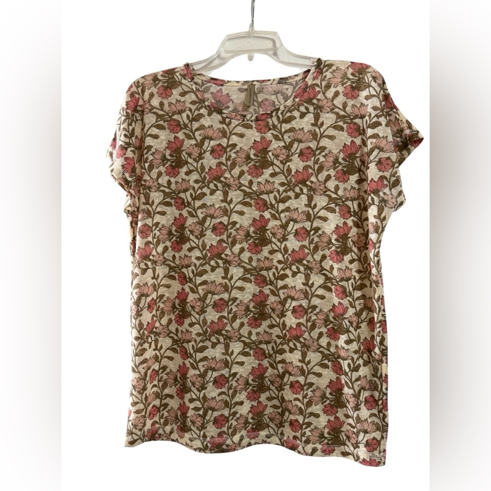Soyaconcept Aretha Knit T-Shirt Floral Print Large Boho Cottagecore Tan Pink